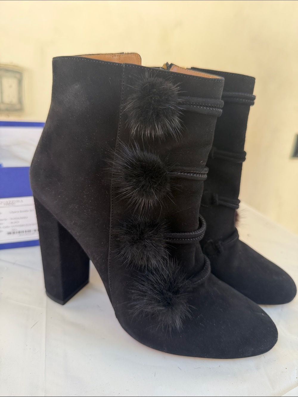 Aquazzura Black Suede Pom-Pom Ankle Boots size 38.5